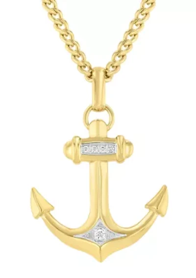 Lab Created .10CTW Men's Stainless Steel Lab Grown Diamond with Yellow Finish Anchor Pendant