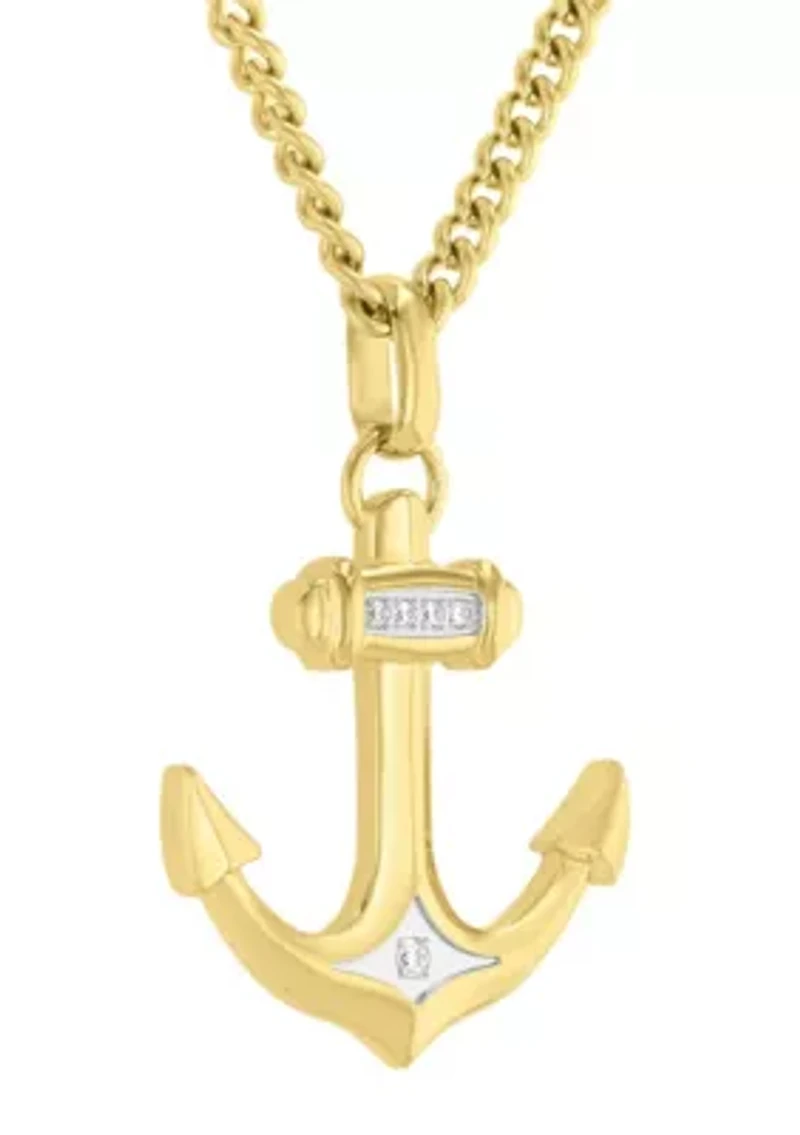 Lab Created .10CTW Men's Stainless Steel Lab Grown Diamond with Yellow Finish Anchor Pendant