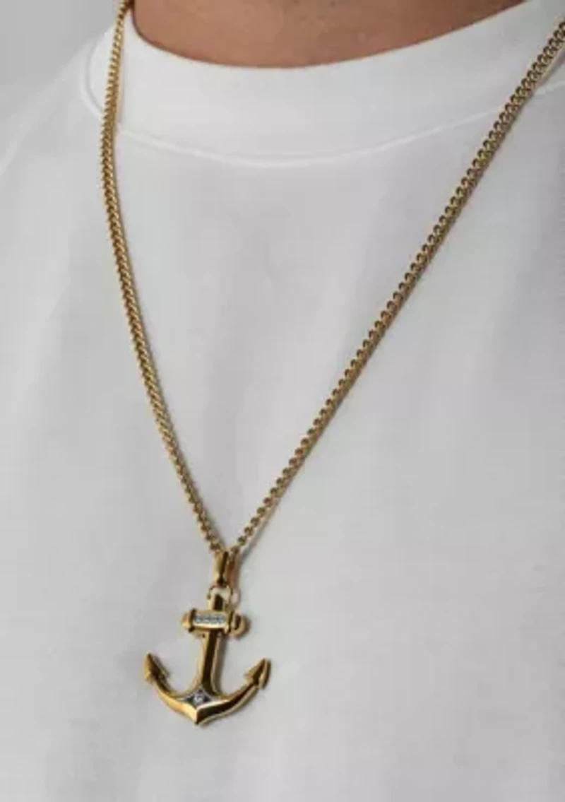 Lab Created .10CTW Men's Stainless Steel Lab Grown Diamond with Yellow Finish Anchor Pendant