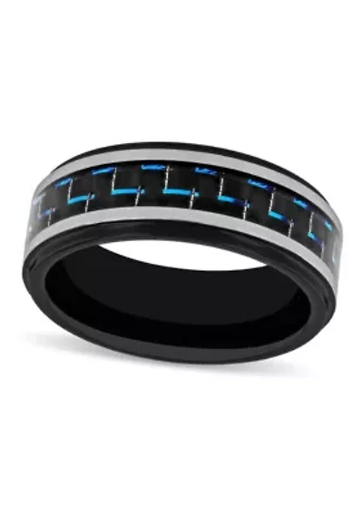 Black and Blue Pattern Inlay Step Edge 8mm Band in Two-tone Tungsten