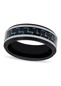 Black and Blue Pattern Inlay Step Edge 8mm Band in Two-tone Tungsten