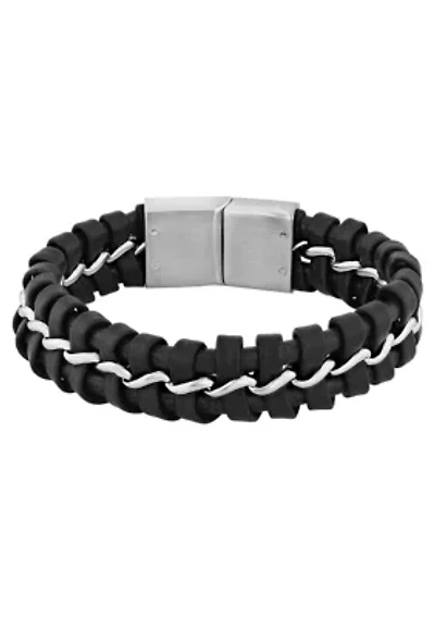 Stainless Steel with Black and Brown Faux Leather Bracelet with Slide Lock Clasp