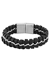 Stainless Steel with Black and Brown Faux Leather Bracelet with Slide Lock Clasp