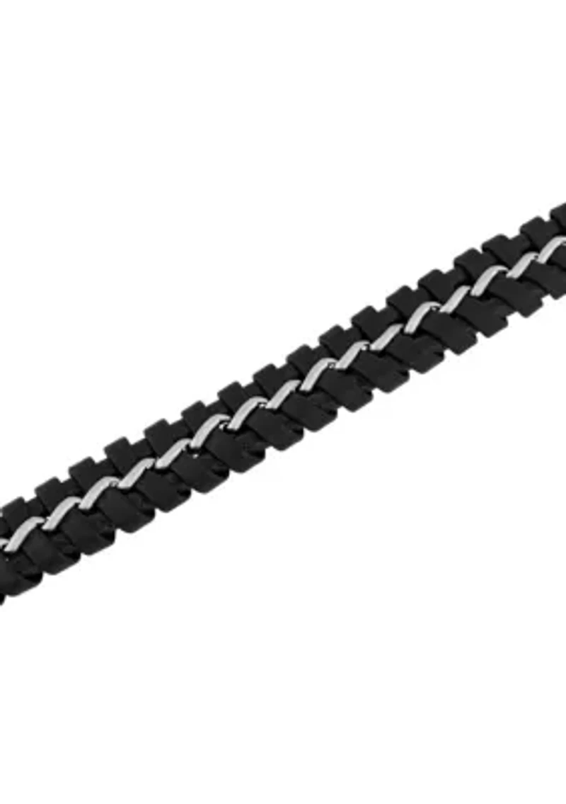 Stainless Steel with Black and Brown Faux Leather Bracelet with Slide Lock Clasp