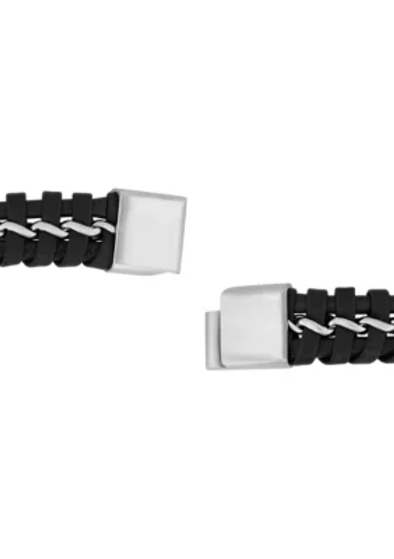 Stainless Steel with Black and Brown Faux Leather Bracelet with Slide Lock Clasp