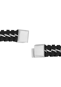 Stainless Steel with Black and Brown Faux Leather Bracelet with Slide Lock Clasp