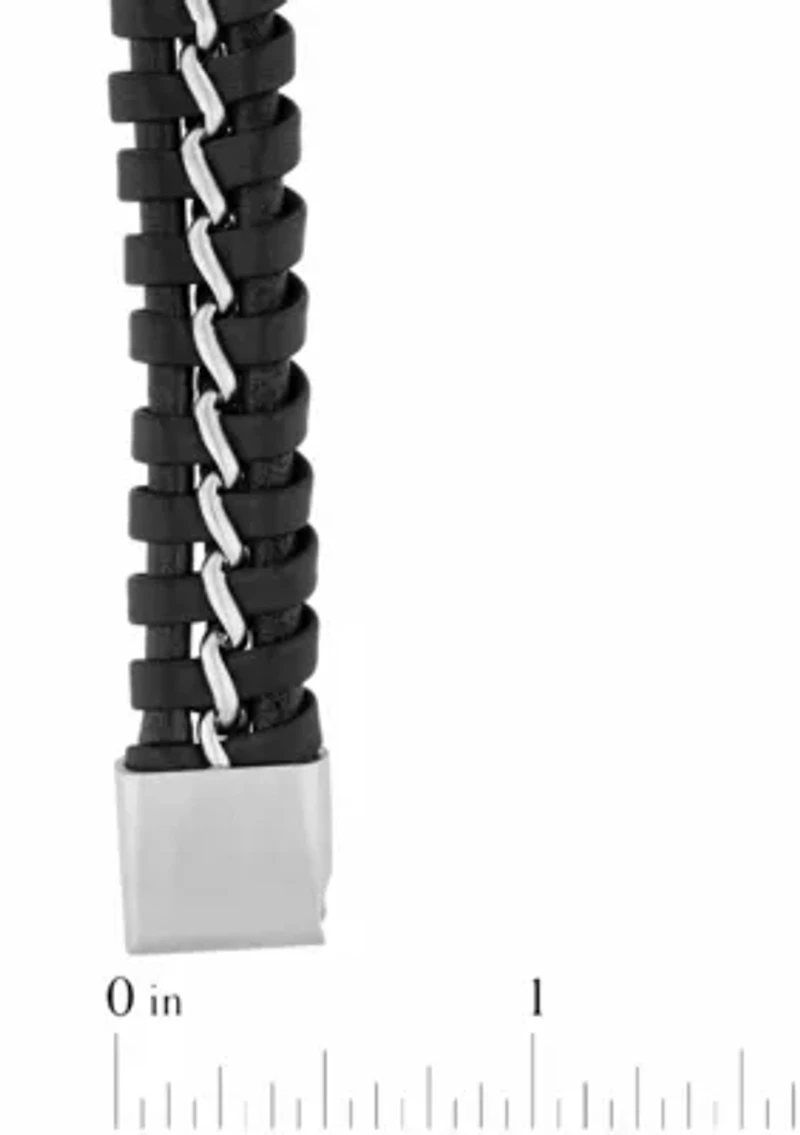 Stainless Steel with Black and Brown Faux Leather Bracelet with Slide Lock Clasp