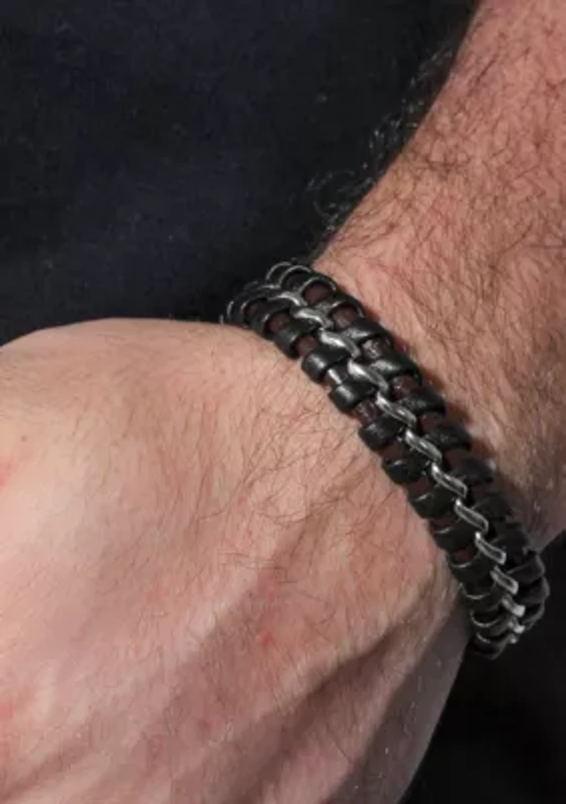 Stainless Steel with Black and Brown Faux Leather Bracelet with Slide Lock Clasp