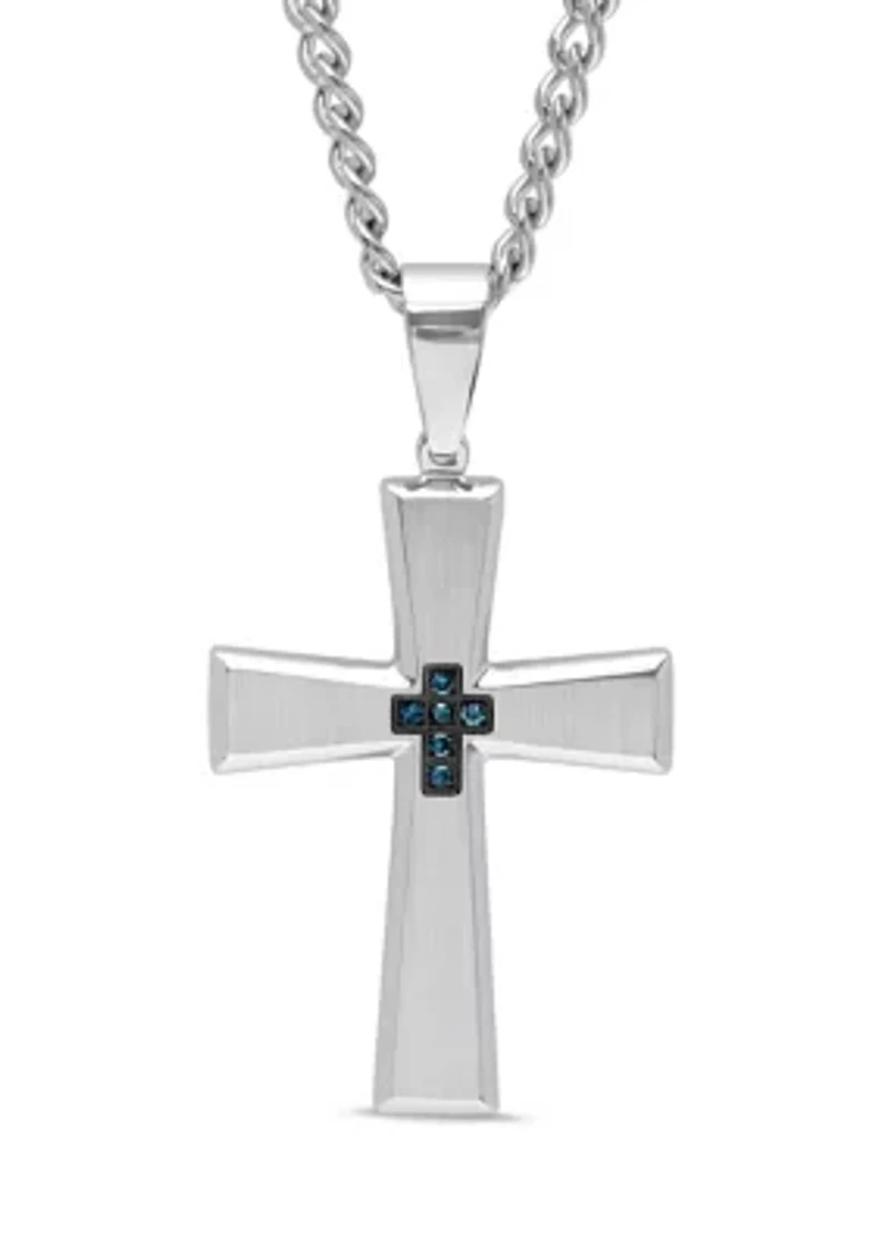 1/10 ct. t.w. Blue Diamond Tapered Cross Pendant in Stainless Steel