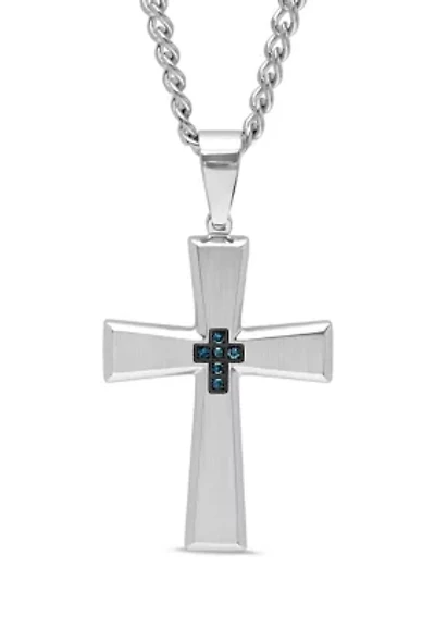 1/10 ct. t.w. Blue Diamond Tapered Cross Pendant in Stainless Steel