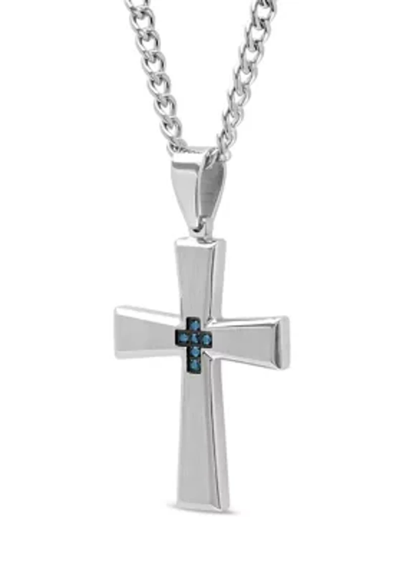 1/10 ct. t.w. Blue Diamond Tapered Cross Pendant in Stainless Steel