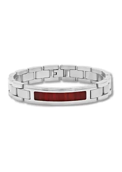 Men's Woodgrain Inlay ID Link Bracelet in Stainless Steel