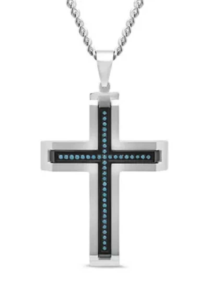 1/5 ct. t.w. Blue Diamond Beveled Cross Pendant in Two-Tone Stainless Steel