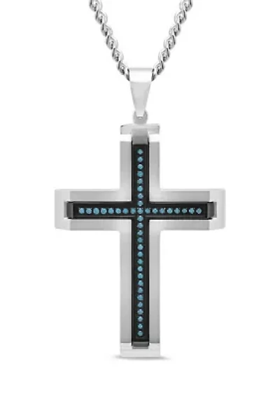 1/5 ct. t.w. Blue Diamond Beveled Cross Pendant in Two-Tone Stainless Steel
