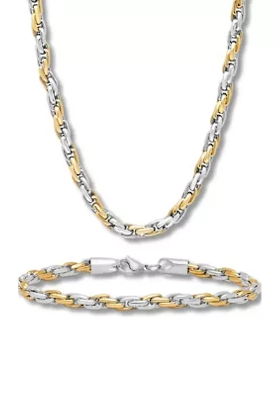 Rope Link Chain Bracelet and Necklace Set in Two-Tone Stainless Steel