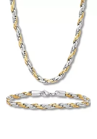 Rope Link Chain Bracelet and Necklace Set in Two-Tone Stainless Steel