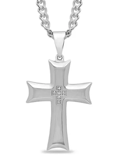 1/10 ct. t.w. Diamond Scalloped Cross Pendant in Stainless Steel