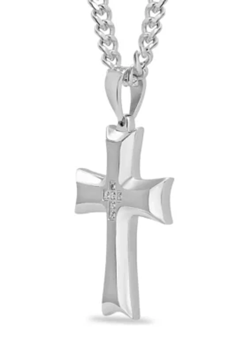 1/10 ct. t.w. Diamond Scalloped Cross Pendant in Stainless Steel