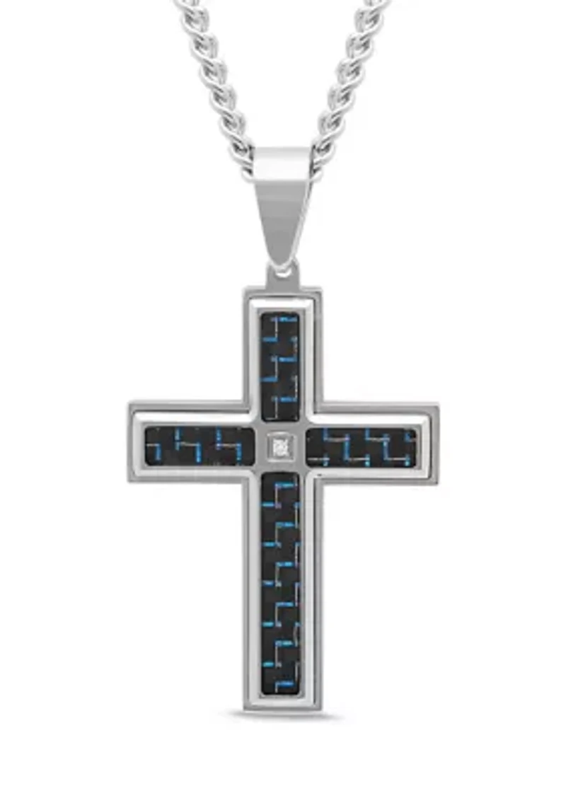 1/10 ct. t.w. Diamond and Carbon Fiber Cross Pendant in Stainless Steel