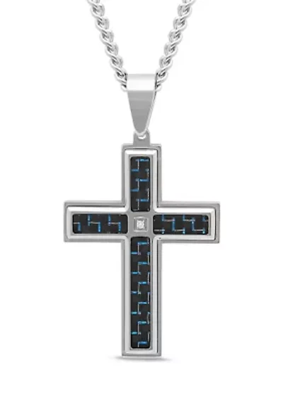 1/10 ct. t.w. Diamond and Carbon Fiber Cross Pendant in Stainless Steel