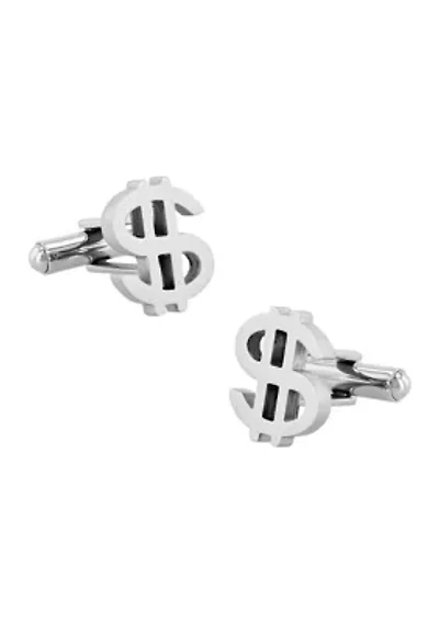 Silver Tone Dollar Sign Cufflinks in Stainless Steel