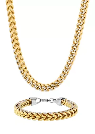 Franco Link Chain Bracelet and Necklace Set in Gold-Tone Stainless Steel