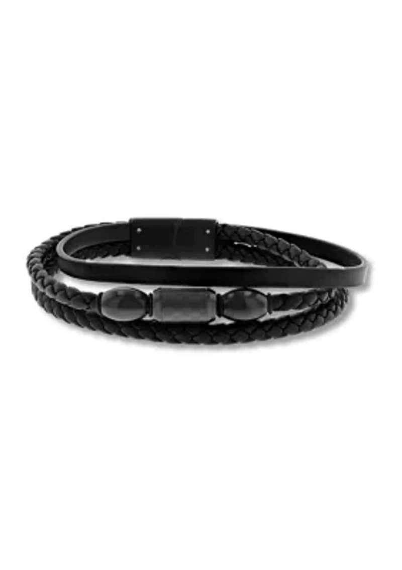 Black Faux Leather and Black Stainless Steel Stacked Bracelet