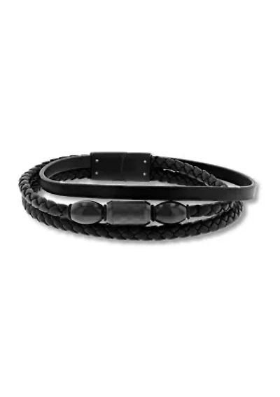 Black Faux Leather and Black Stainless Steel Stacked Bracelet