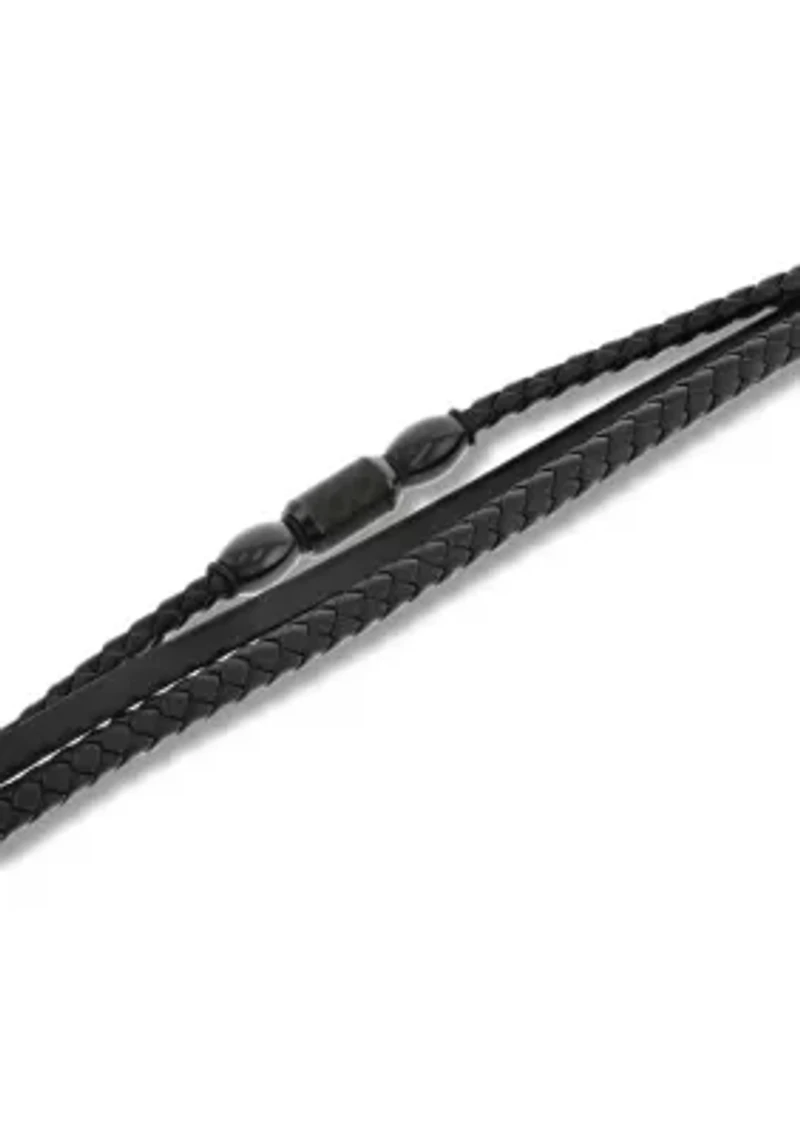 Black Faux Leather and Black Stainless Steel Stacked Bracelet