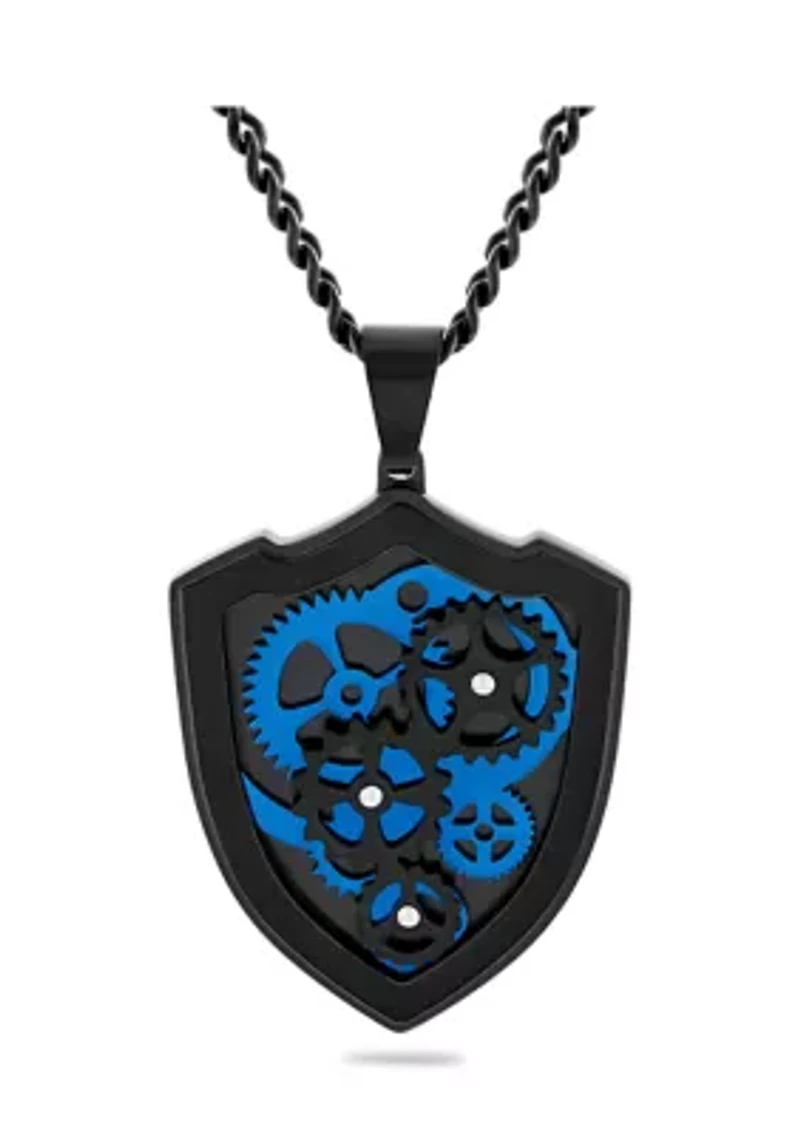 Gear and Shield Pendant Necklace in Two-Tone Stainless Steel