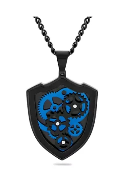 Gear and Shield Pendant Necklace in Two-Tone Stainless Steel