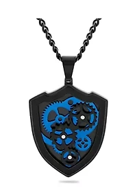 Gear and Shield Pendant Necklace in Two-Tone Stainless Steel
