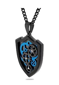 Gear and Shield Pendant Necklace in Two-Tone Stainless Steel