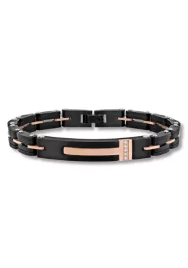 .05CTW Diamond Accent Men's Stainless Steel Black and Rose Two-tone Link Bracelet