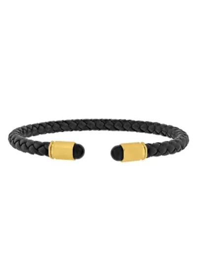 Men's Stainless Steel Yellow Finish Faux Leather Cuff Bracelet