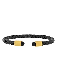 Men's Stainless Steel Yellow Finish Faux Leather Cuff Bracelet