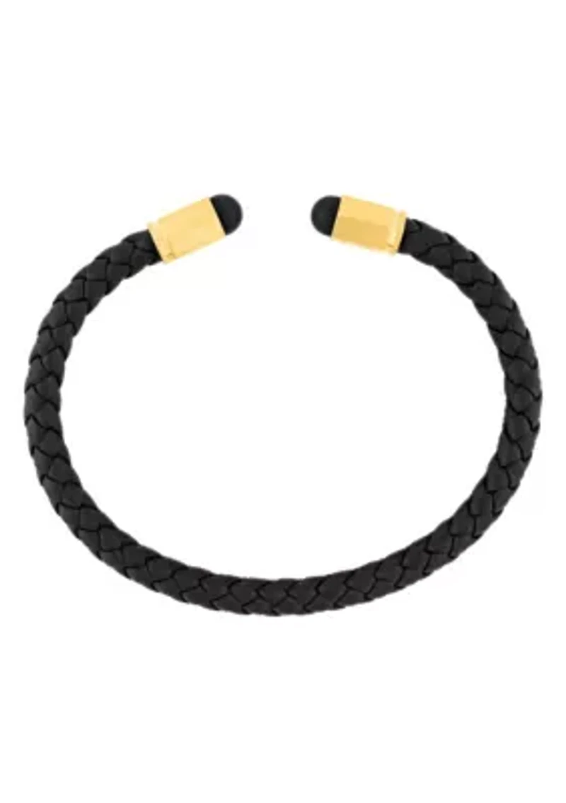 Men's Stainless Steel Yellow Finish Faux Leather Cuff Bracelet