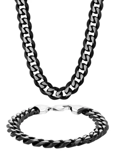 Curb Link Chain Bracelet and Necklace Set in Two-Tone Stainless Steel
