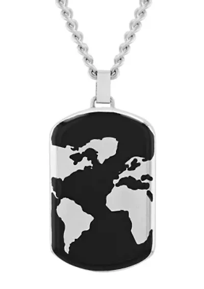 Men's Stainless Steel Black Finish World Map Dog Tag Pendant