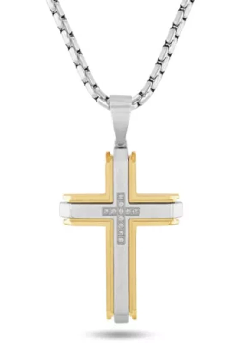 1/10CTW Diamond Stainless Steel Cross with Yellow Finish Pendant