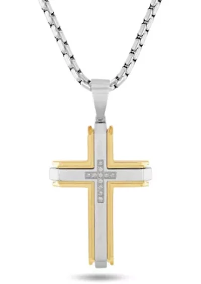 1/10CTW Diamond Stainless Steel Cross with Yellow Finish Pendant