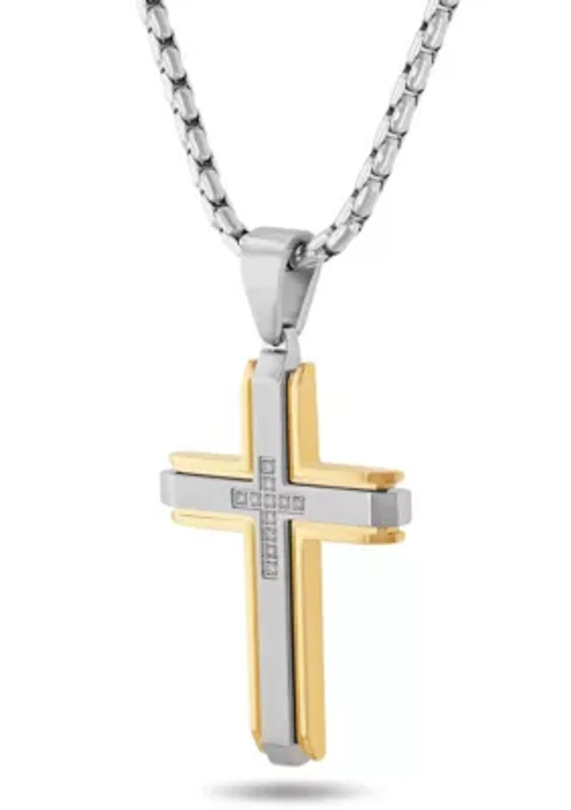 1/10CTW Diamond Stainless Steel Cross with Yellow Finish Pendant