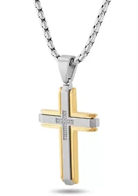 1/10CTW Diamond Stainless Steel Cross with Yellow Finish Pendant