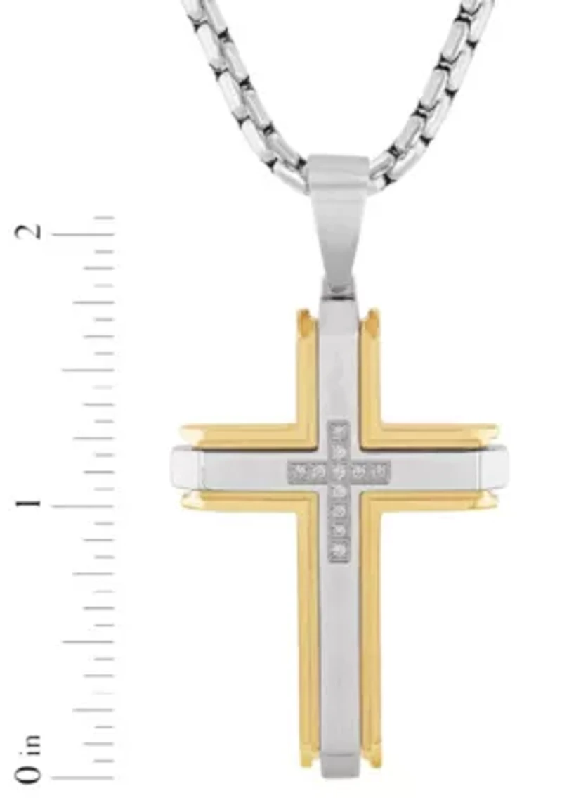 1/10CTW Diamond Stainless Steel Cross with Yellow Finish Pendant