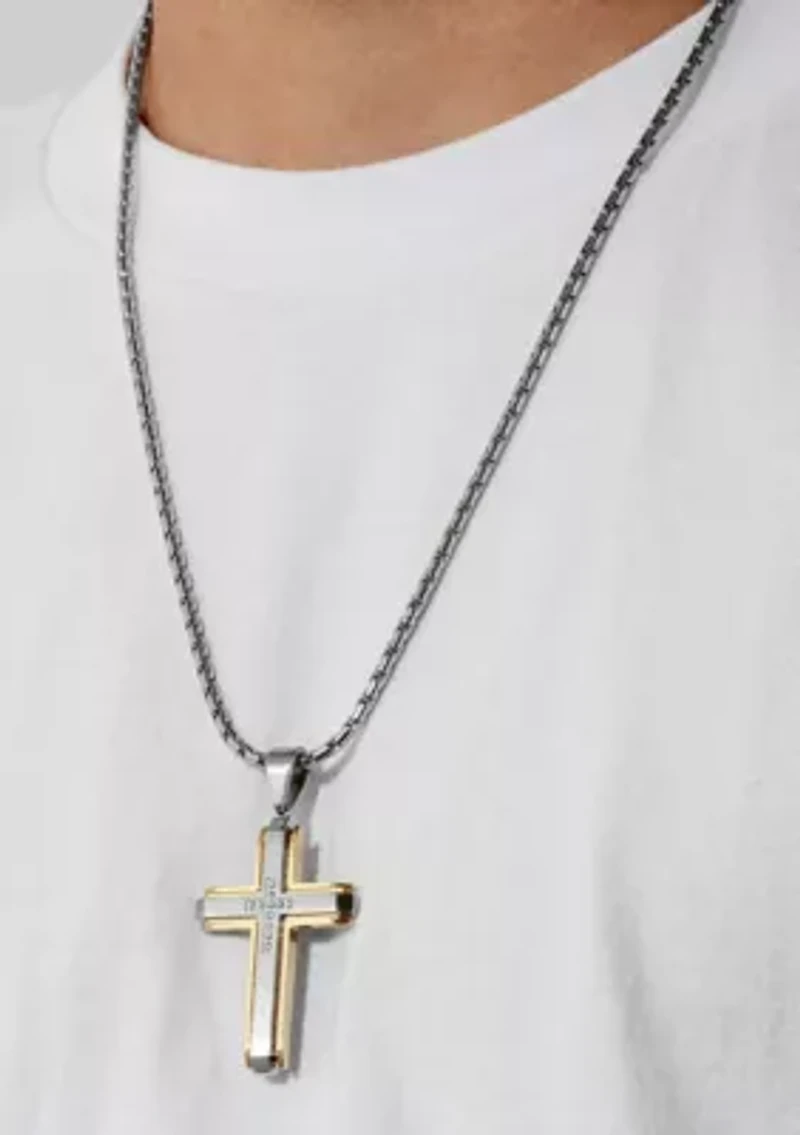 1/10CTW Diamond Stainless Steel Cross with Yellow Finish Pendant
