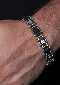 .07CTW Diamond Stainless Steel Yellow Finish With Black Carbon Fiber Bracelet