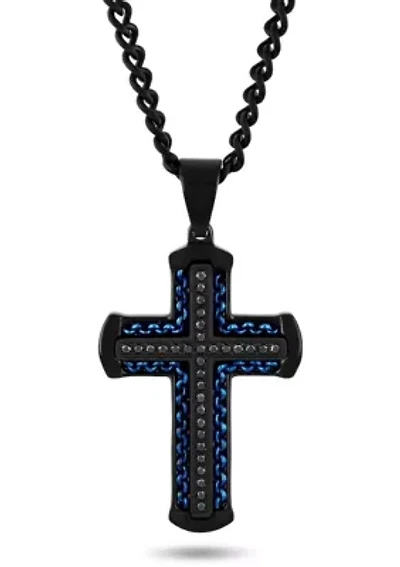 1/4CTW Black Diamond Stainless Steel Black and Blue Finish Cross Pendant