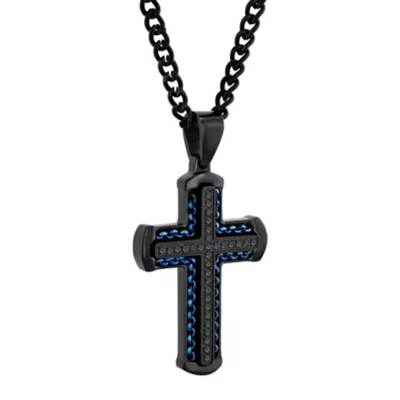 1/4CTW Black Diamond Stainless Steel Black and Blue Finish Cross Pendant