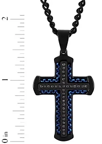1/4CTW Black Diamond Stainless Steel Black and Blue Finish Cross Pendant