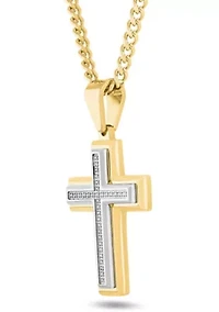 1/10CTW Diamond Men's Stainless Steel Yellow and White Two-tone Cross Pendant
